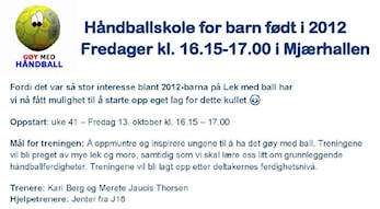 Oppstart håndball for barn født 2012
